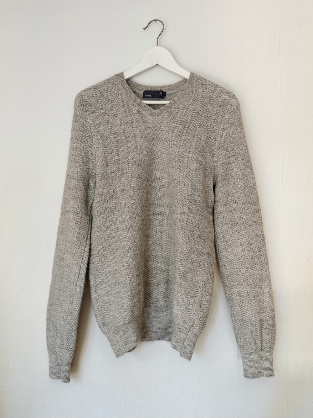 Vince Light Gray Herringbone Knit V-Neck Sweater